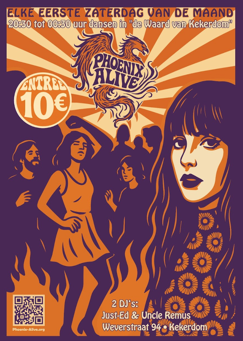 Poster voor Phoenix Alive dansavond op elke eerste zaterdag van de maand in De Waard van Kekerdom